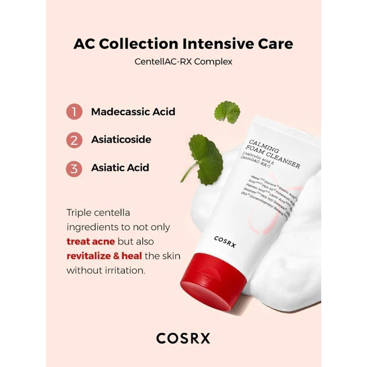 foaming cleanser designed to soothe and calm sensitive, acne-prone skin. Formulated with a blend of calming ingredients, including Centella Asiatica and natural exfoliants