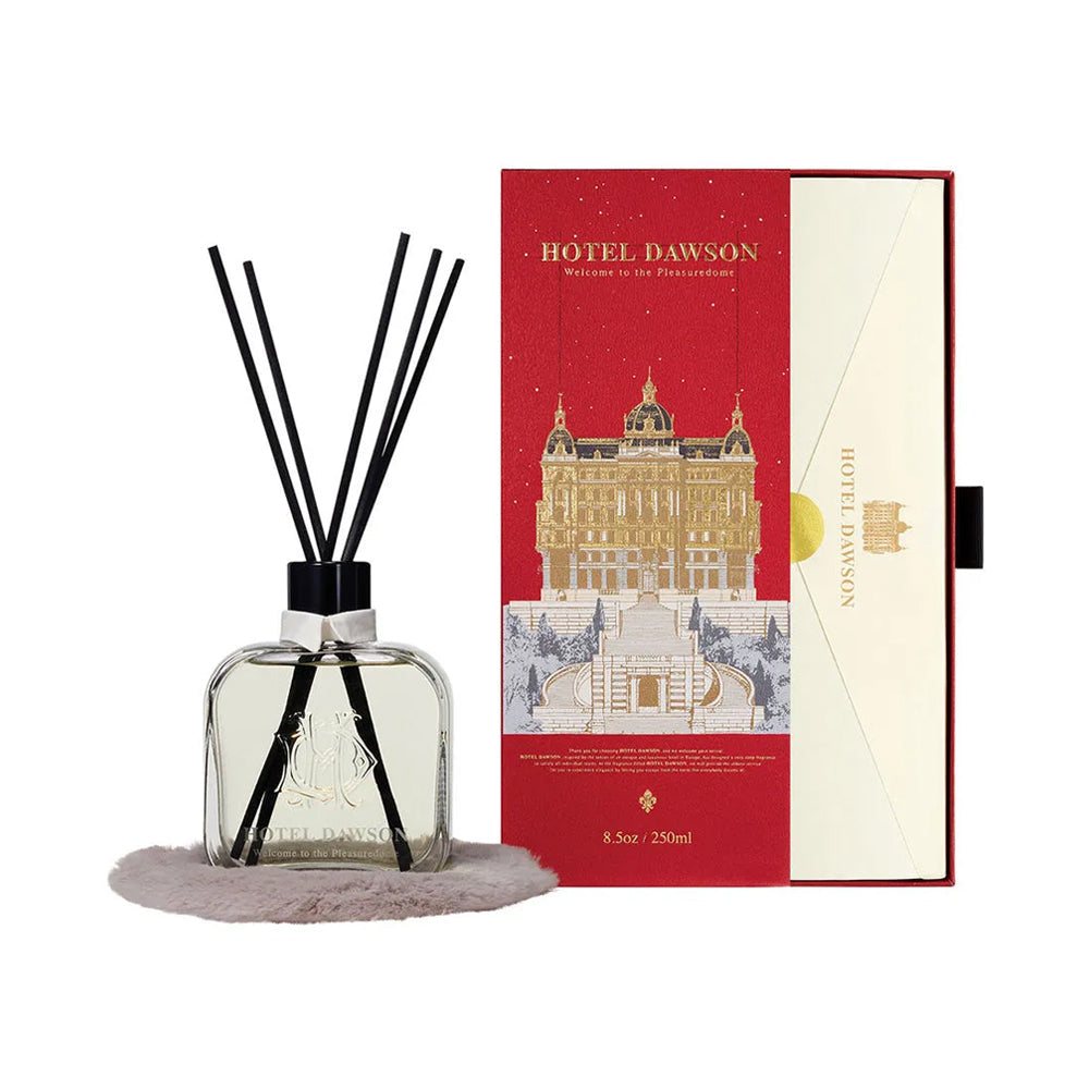 HOTEL DAWSON Welcome to the Pleasuredome Room Diffuser (250ml) - Black Cherry, Musky & Sweet Scent (Main Diffuser + Fur Coaster + 5 Reed Sticks Set)