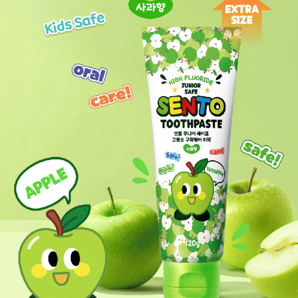 SENTO Junior Safe High-Fluoride Bad Breath Care Kids Toothpaste (Apple Flavor) - 4 Pack (120g x 4)