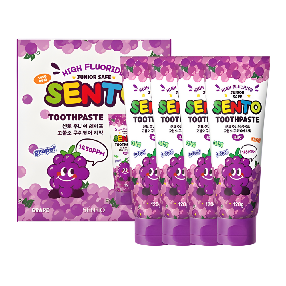 SENTO Junior Safe High-Fluoride Bad Breath Care Kids Toothpaste (Grape Flavor) - 4 Pack (120g x 4)