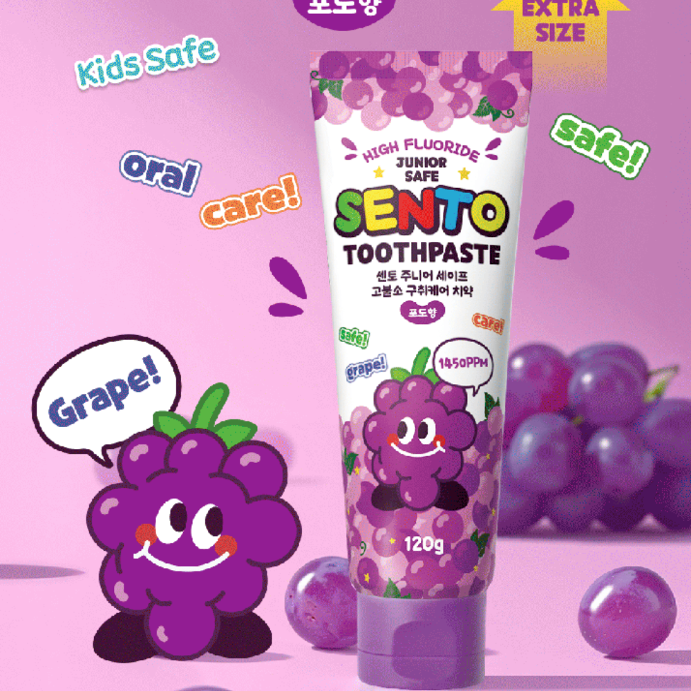 SENTO Junior Safe High-Fluoride Bad Breath Care Kids Toothpaste (Grape Flavor) - 4 Pack (120g x 4)